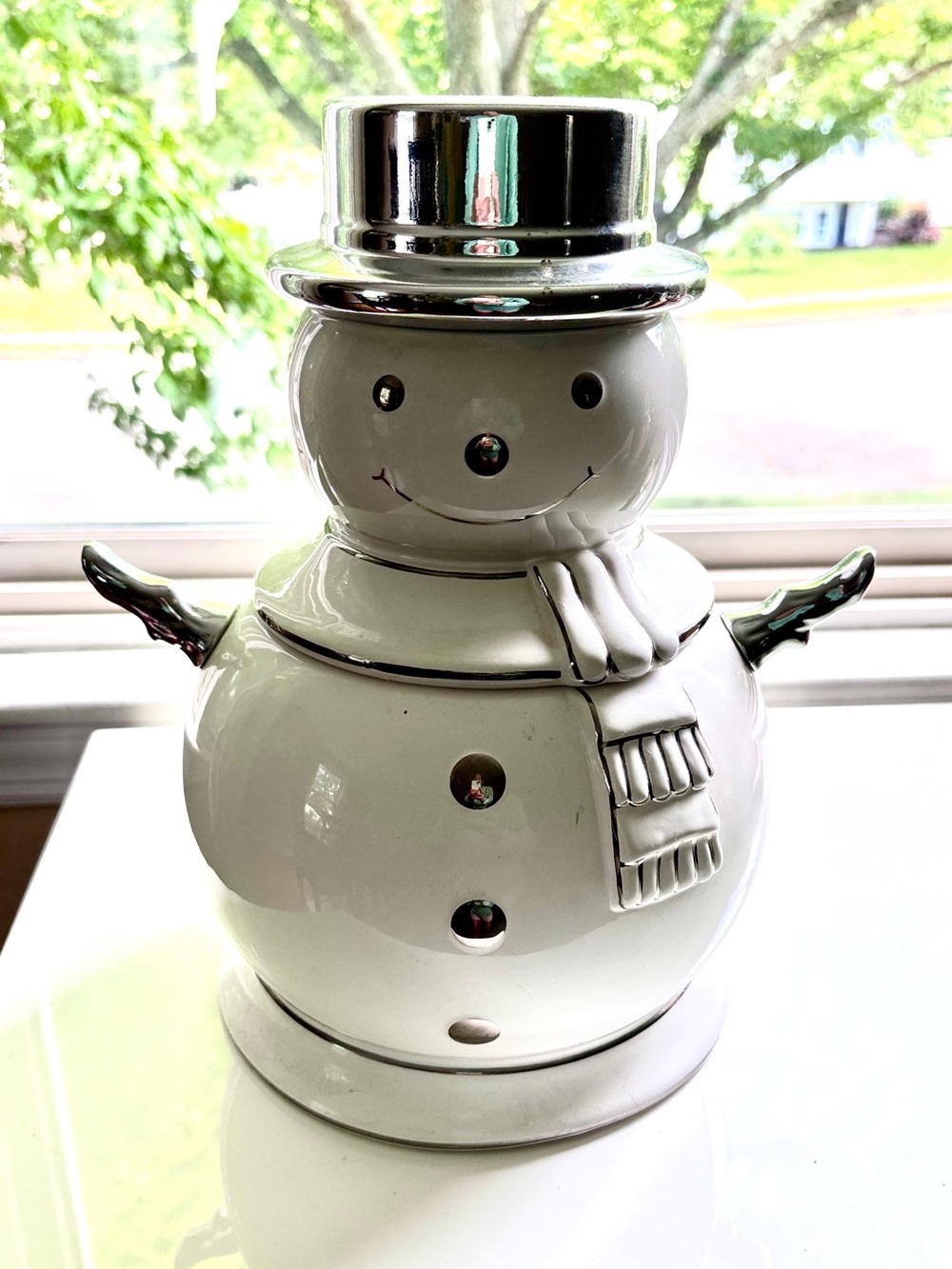 Ceramic Snowman Cookie Jar - White with Silver Accents